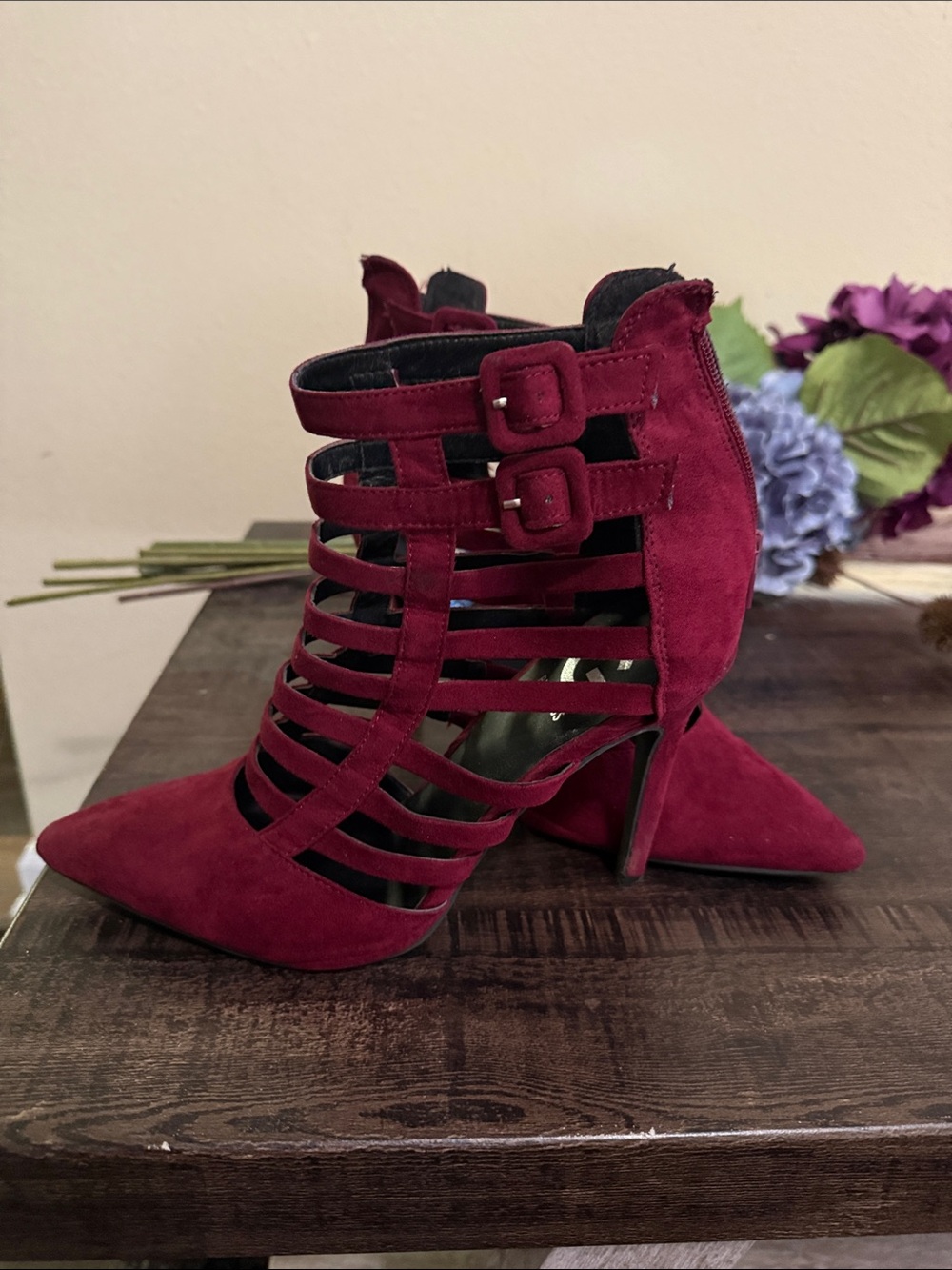 G by Guess Burgundy Strappy Pointed-Toe High Heel Booties